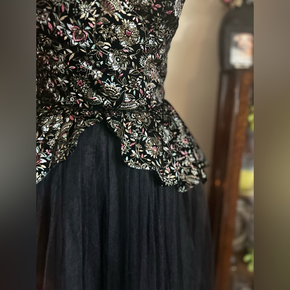 Strapless Black Floral Embroidered Peplum Dress - Picture 14 of 16